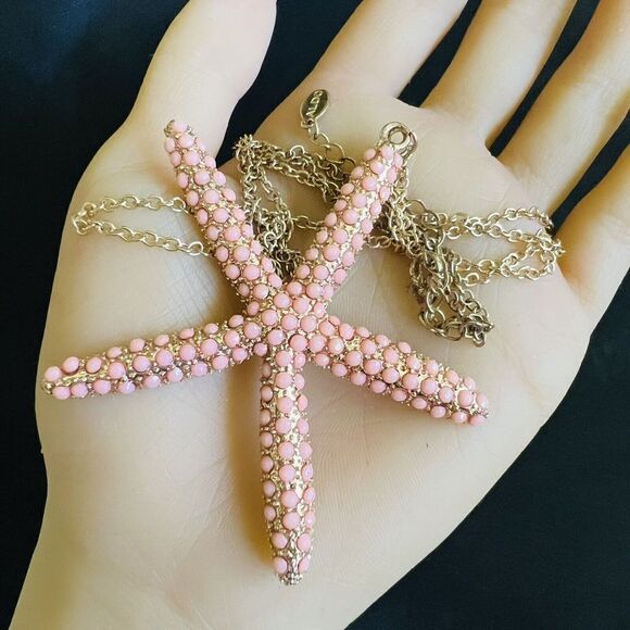 Vintage ALDO Starfish Pendant Jeweled Pink Small Cabochons Necklace Gold T 4030 - Picture 8 of 12
